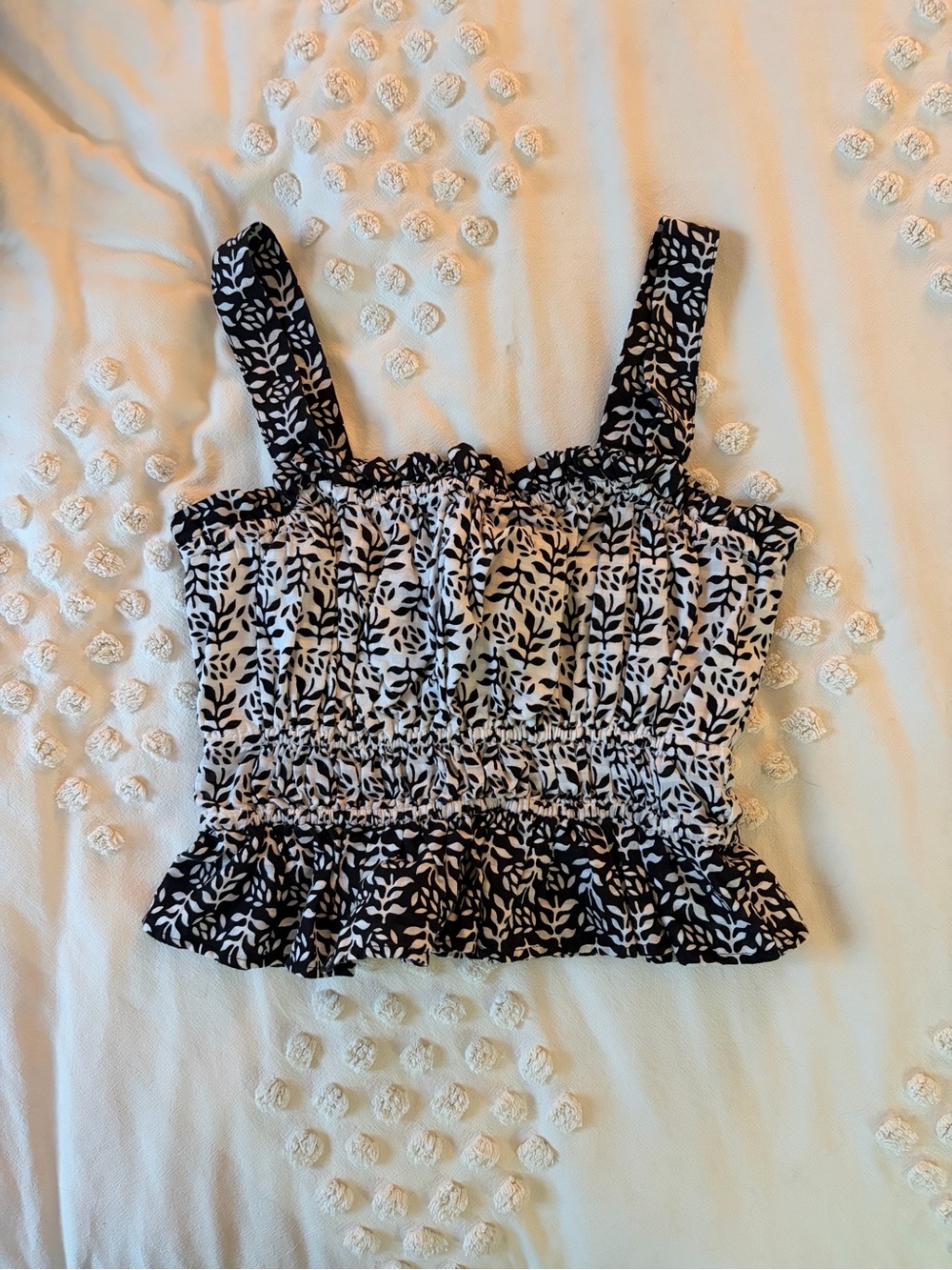 Smocked Black and White Leaf-Print Crop Tank Top